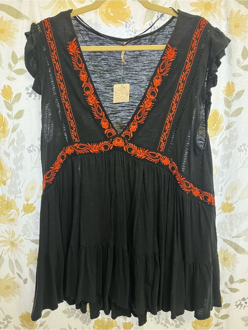 Free People Black Tunic with Orange Embroidered Trim